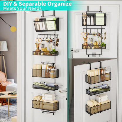 Over Door Organizer Hanging - 6 Tier Over The Door Storage with Visual Pockets & Hooks, with 4 Metal Large Capacity Baskets for Bathroom Bedroom Kitchen Pantry Cabinet