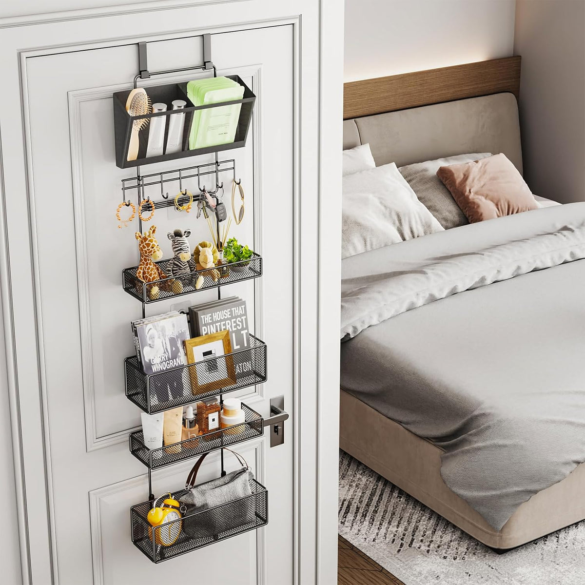 Over Door Organizer Hanging - 6 Tier Over The Door Storage with Visual Pockets & Hooks, with 4 Metal Large Capacity Baskets for Bathroom Bedroom Kitchen Pantry Cabinet
