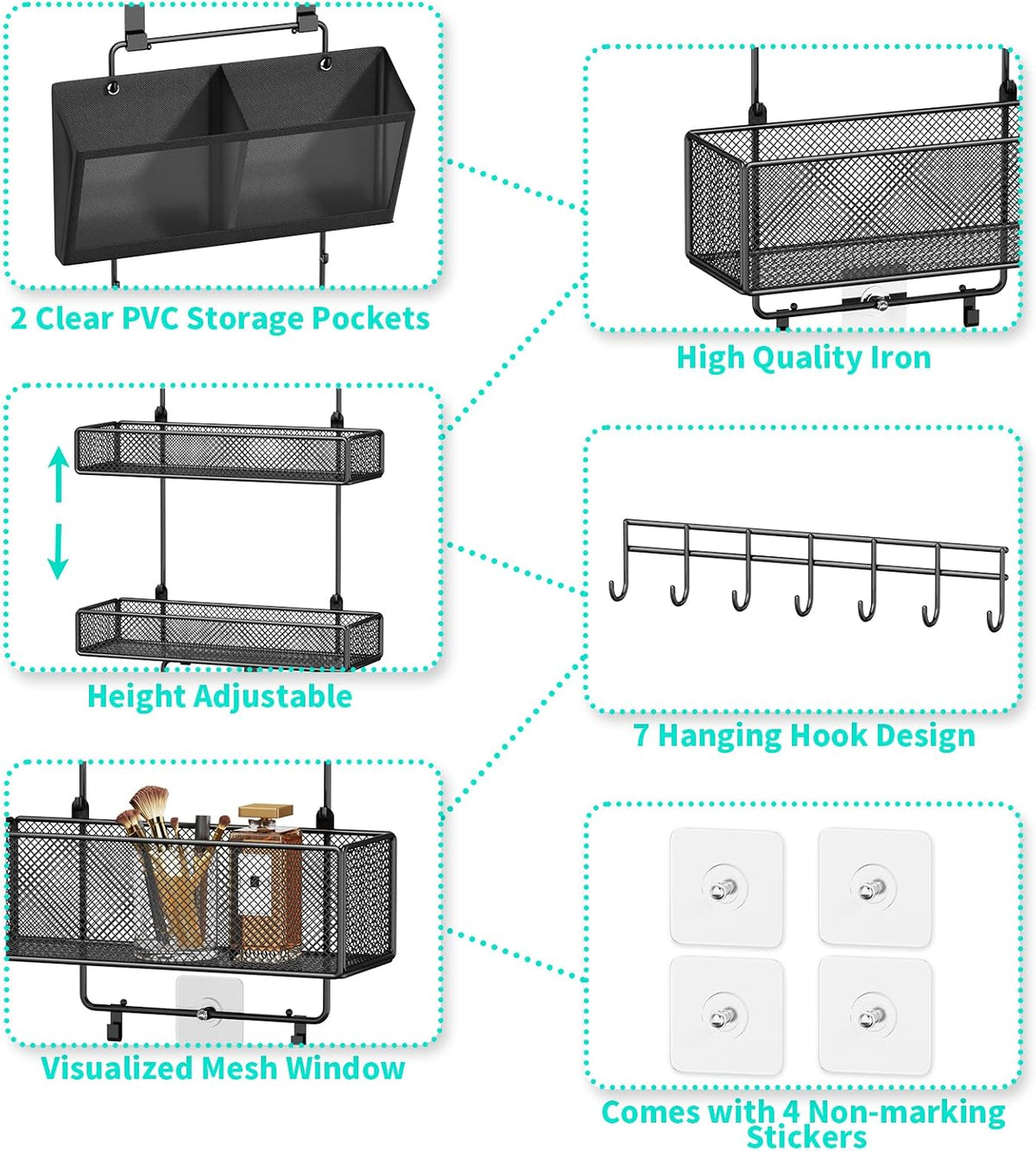 Over Door Organizer Hanging - 6 Tier Over The Door Storage with Visual Pockets & Hooks, with 4 Metal Large Capacity Baskets for Bathroom Bedroom Kitchen Pantry Cabinet