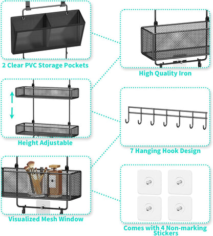 Over Door Organizer Hanging - 6 Tier Over The Door Storage with Visual Pockets & Hooks, with 4 Metal Large Capacity Baskets for Bathroom Bedroom Kitchen Pantry Cabinet