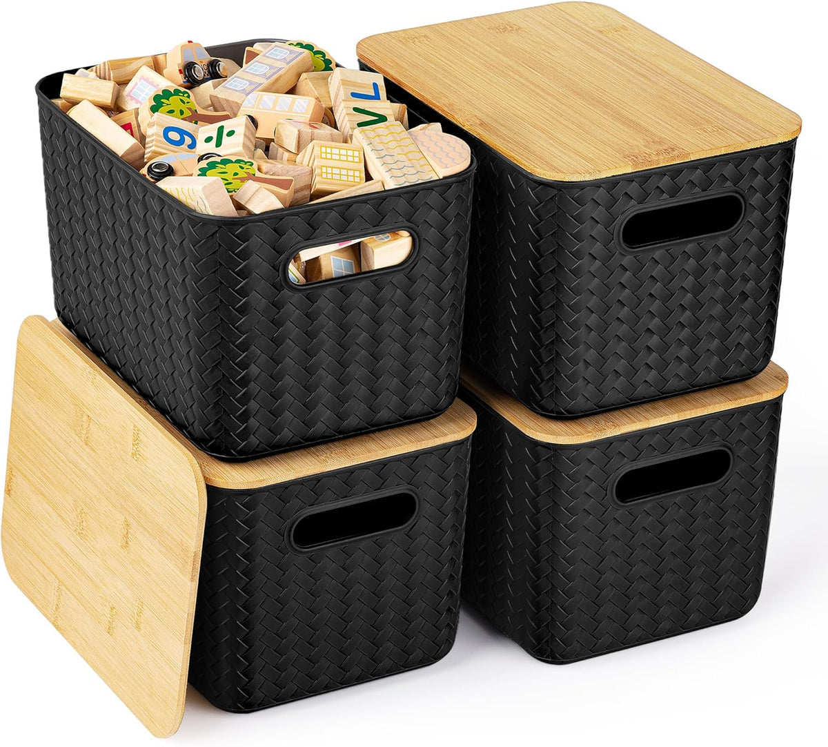 4 Pack Storage Bins with Bamboo Lids,Stackable Box for Organization