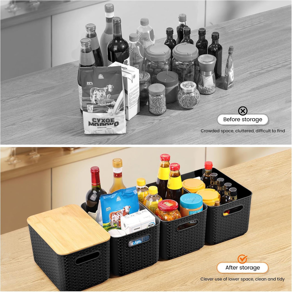 4 Pack Storage Bins with Bamboo Lids,Stackable Box for Organization