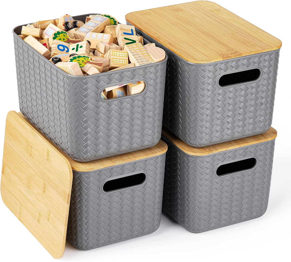 4 Pack Storage Bins with Bamboo Lids,Stackable Box for Organization