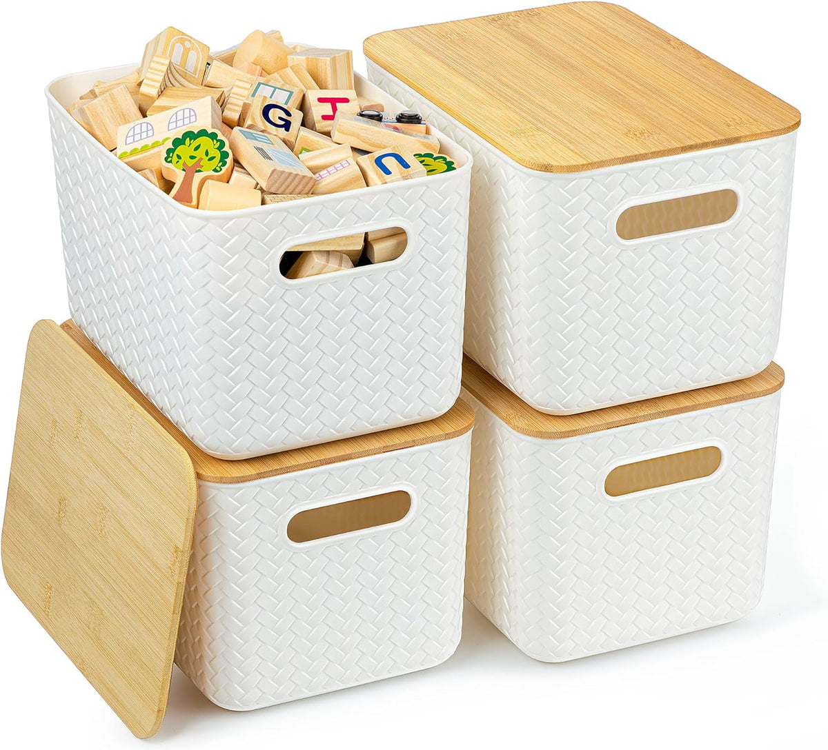 4 Pack Storage Bins with Bamboo Lids,Stackable Box for Organization