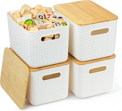 4 Pack Storage Bins with Bamboo Lids,Stackable Box for Organization