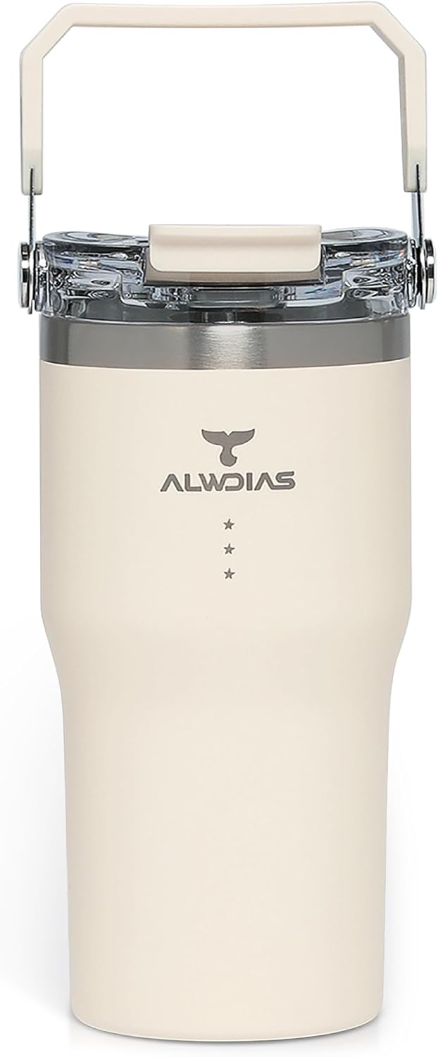 Samsta 20oz Insulated Tumbler, White Cream | Leak-Proof, Dual-Lid Design, Straw & Handle, Double Wall Stainless Steel, For Hot & Cold Drinks