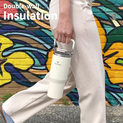 Samsta 20oz Insulated Tumbler, White Cream | Leak-Proof, Dual-Lid Design, Straw & Handle, Double Wall Stainless Steel, For Hot & Cold Drinks