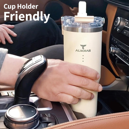 Samsta 20oz Insulated Tumbler, White Cream | Leak-Proof, Dual-Lid Design, Straw & Handle, Double Wall Stainless Steel, For Hot & Cold Drinks