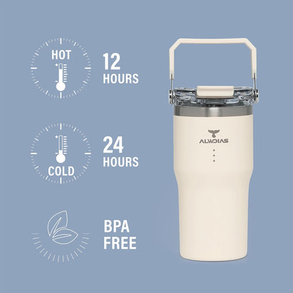 Samsta 20oz Insulated Tumbler, White Cream | Leak-Proof, Dual-Lid Design, Straw & Handle, Double Wall Stainless Steel, For Hot & Cold Drinks