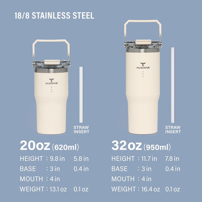 Samsta 20oz Insulated Tumbler, White Cream | Leak-Proof, Dual-Lid Design, Straw & Handle, Double Wall Stainless Steel, For Hot & Cold Drinks