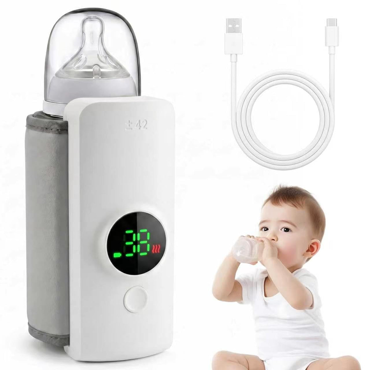 Portable Baby Bottle Warmer for Travel, Cordless Bottle Warmer for Breast Milk & Formula, USB-C Rechargeable, 6 Temperature Settings, Fits Most Baby Bottles