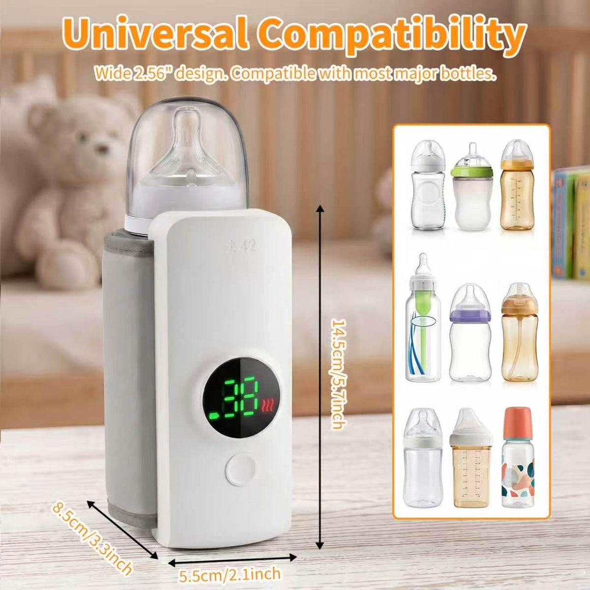 Portable Baby Bottle Warmer for Travel, Cordless Bottle Warmer for Breast Milk & Formula, USB-C Rechargeable, 6 Temperature Settings, Fits Most Baby Bottles