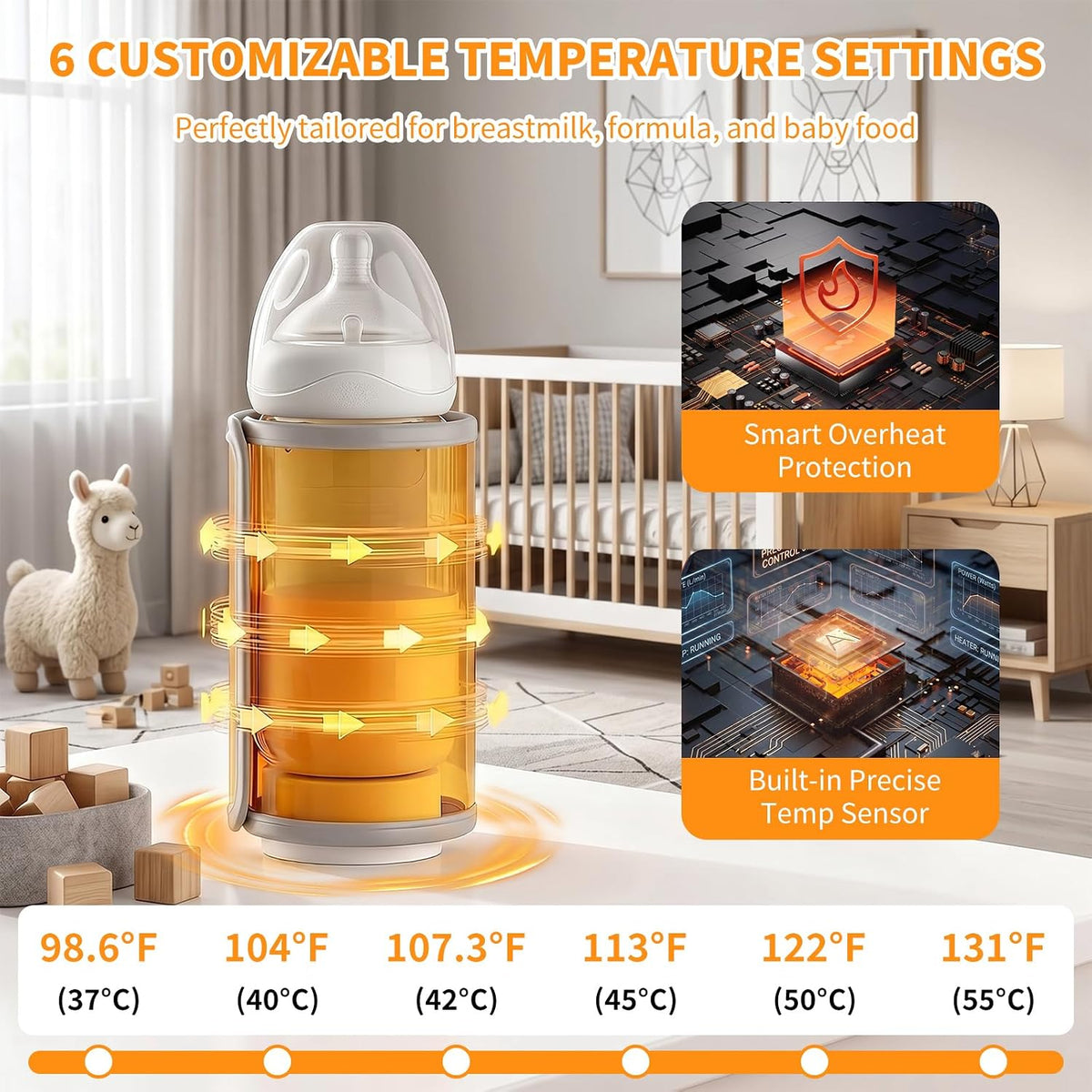 Portable Baby Bottle Warmer for Travel, Cordless Bottle Warmer for Breast Milk & Formula, USB-C Rechargeable, 6 Temperature Settings, Fits Most Baby Bottles
