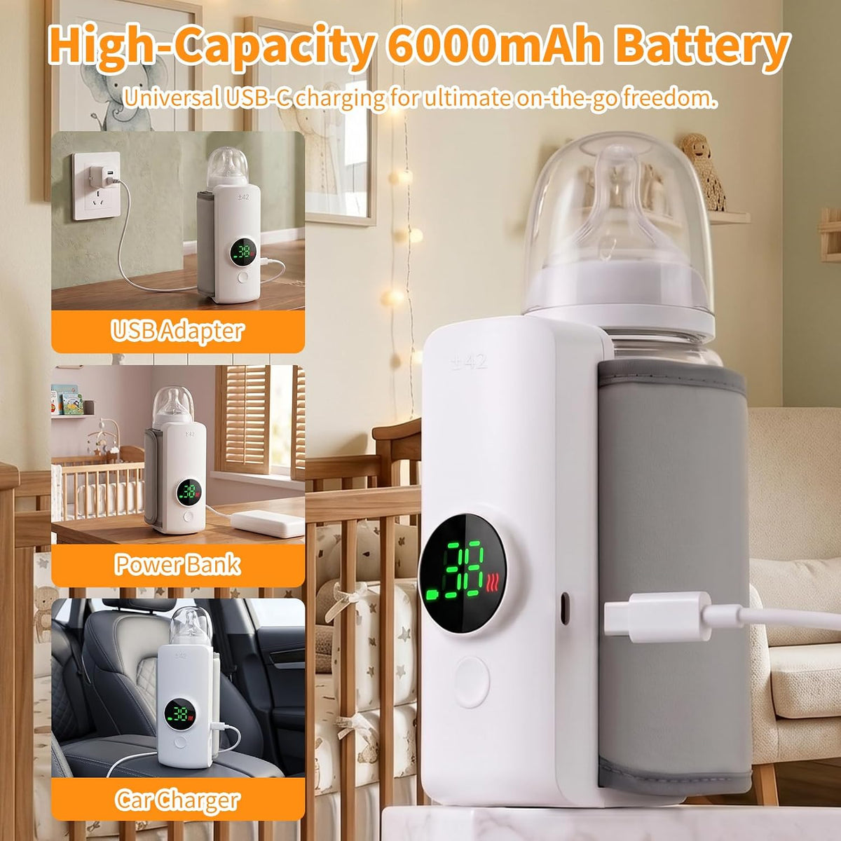 Portable Baby Bottle Warmer for Travel, Cordless Bottle Warmer for Breast Milk & Formula, USB-C Rechargeable, 6 Temperature Settings, Fits Most Baby Bottles