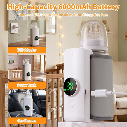 Portable Baby Bottle Warmer for Travel, Cordless Bottle Warmer for Breast Milk & Formula, USB-C Rechargeable, 6 Temperature Settings, Fits Most Baby Bottles