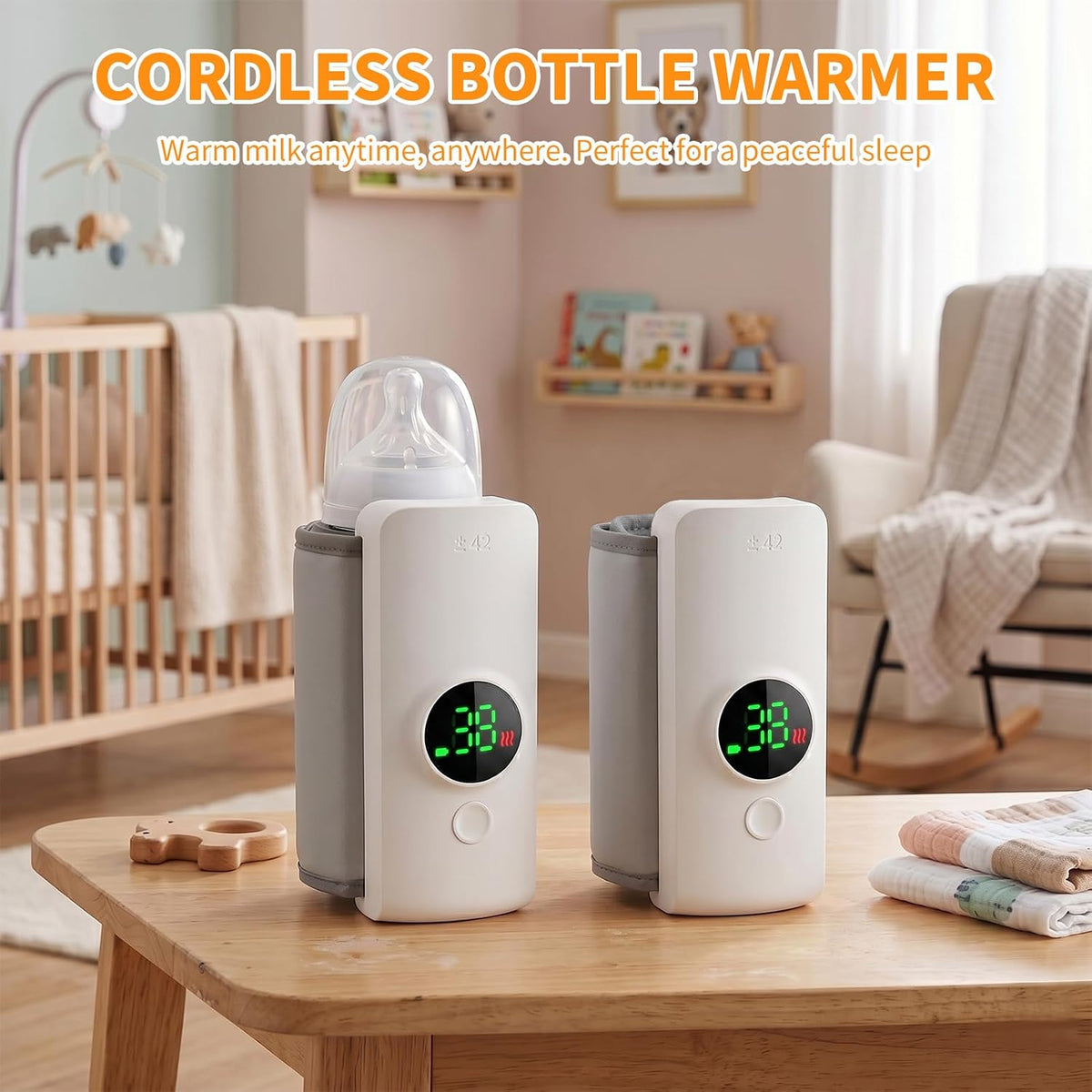 Portable Baby Bottle Warmer for Travel, Cordless Bottle Warmer for Breast Milk & Formula, USB-C Rechargeable, 6 Temperature Settings, Fits Most Baby Bottles