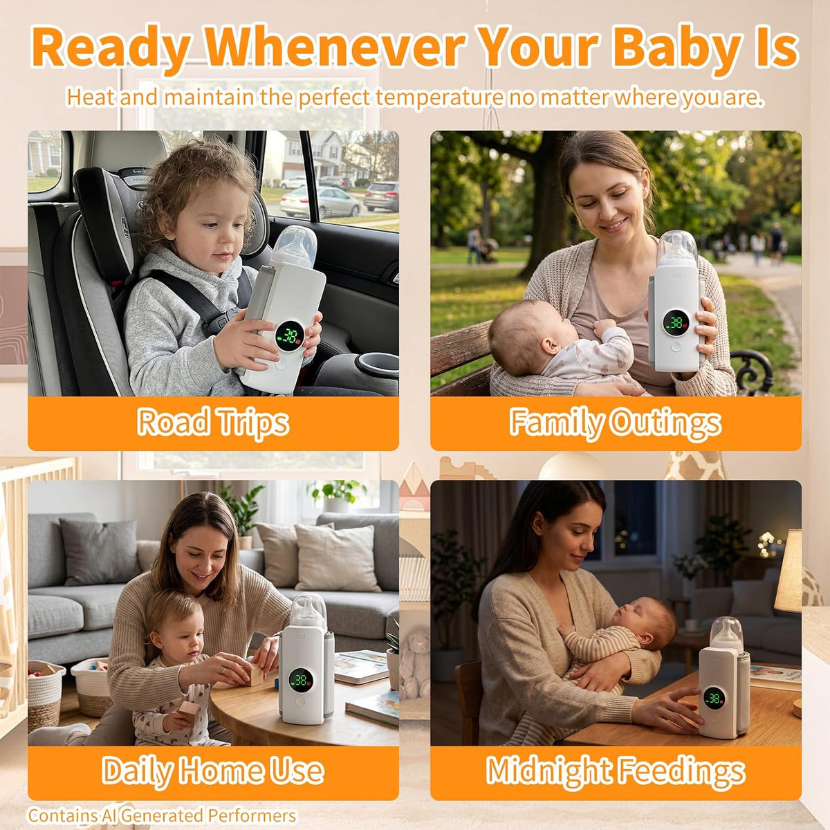 Portable Baby Bottle Warmer for Travel, Cordless Bottle Warmer for Breast Milk & Formula, USB-C Rechargeable, 6 Temperature Settings, Fits Most Baby Bottles