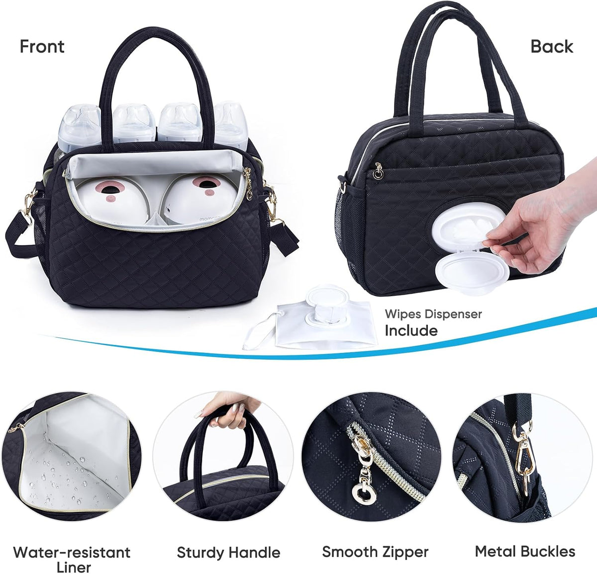 Breastmilk Cooler Travel Bag with 2pcs Wipes Dispensers and Ice Pack -Baby Bottle Cooler Bag for 6 Baby Bottles Up to 9 Ounce - Breast Pump Bag, Breastmilk Storage Bag, Bottle bag for Daycare
