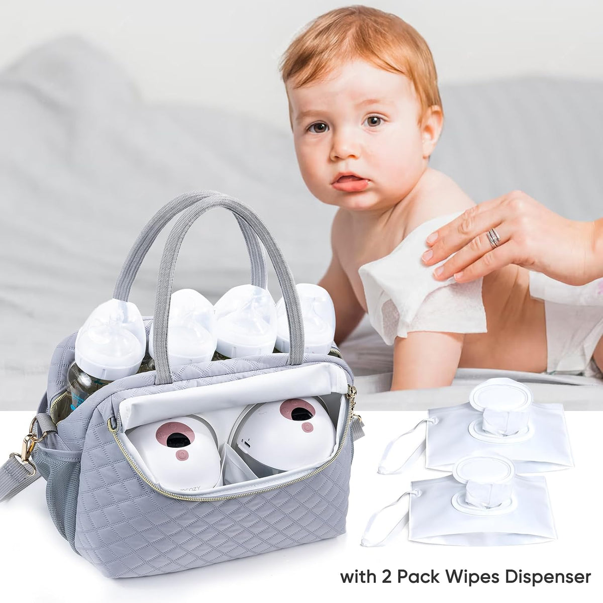 Breastmilk Cooler Travel Bag with 2pcs Wipes Dispensers and Ice Pack -Baby Bottle Cooler Bag for 6 Baby Bottles Up to 9 Ounce - Breast Pump Bag, Breastmilk Storage Bag, Bottle bag for Daycare