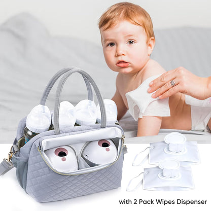 Breastmilk Cooler Travel Bag with 2pcs Wipes Dispensers and Ice Pack -Baby Bottle Cooler Bag for 6 Baby Bottles Up to 9 Ounce - Breast Pump Bag, Breastmilk Storage Bag, Bottle bag for Daycare