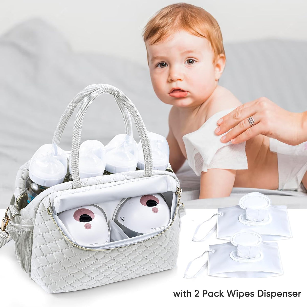 Breastmilk Cooler Travel Bag with 2pcs Wipes Dispensers and Ice Pack -Baby Bottle Cooler Bag for 6 Baby Bottles Up to 9 Ounce - Breast Pump Bag, Breastmilk Storage Bag, Bottle bag for Daycare