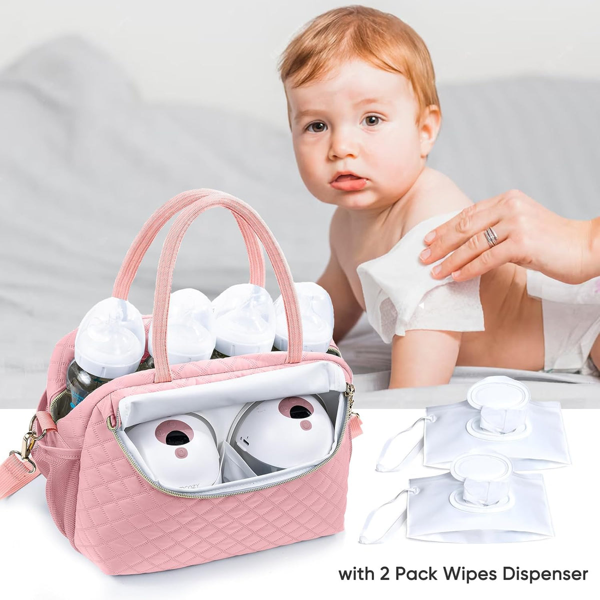 Breastmilk Cooler Travel Bag with 2pcs Wipes Dispensers and Ice Pack -Baby Bottle Cooler Bag for 6 Baby Bottles Up to 9 Ounce - Breast Pump Bag, Breastmilk Storage Bag, Bottle bag for Daycare