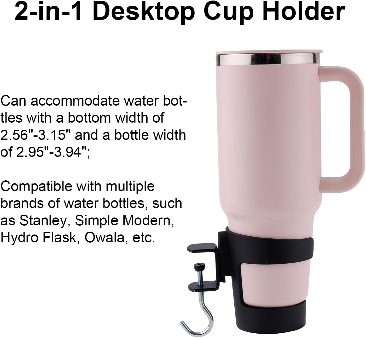 2-in-1 Desk Cup Holder, Adjustable Anti-Spill Tumbler Organizer Clamp with Hook for Owala & Stanley Water Bottles Cup Organizer for Office Gaming Desk and Table Accessories Workstation (Black)
