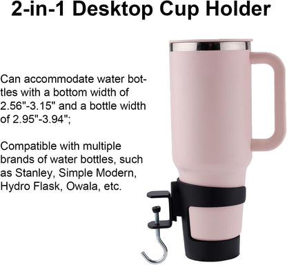 2-in-1 Desk Cup Holder, Adjustable Anti-Spill Tumbler Organizer Clamp with Hook for Owala & Stanley Water Bottles Cup Organizer for Office Gaming Desk and Table Accessories Workstation (Black)