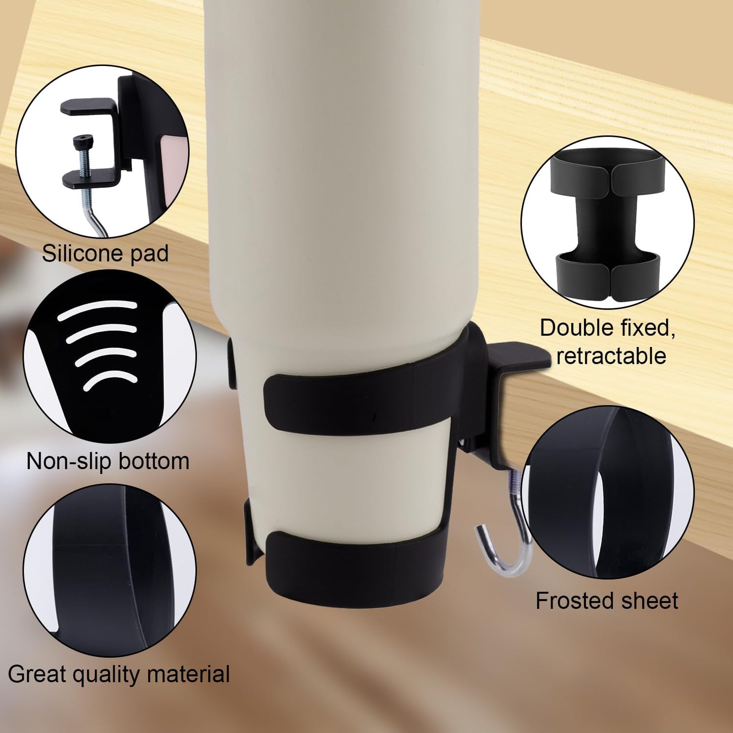 2-in-1 Desk Cup Holder, Adjustable Anti-Spill Tumbler Organizer Clamp with Hook for Owala & Stanley Water Bottles Cup Organizer for Office Gaming Desk and Table Accessories Workstation (Black)