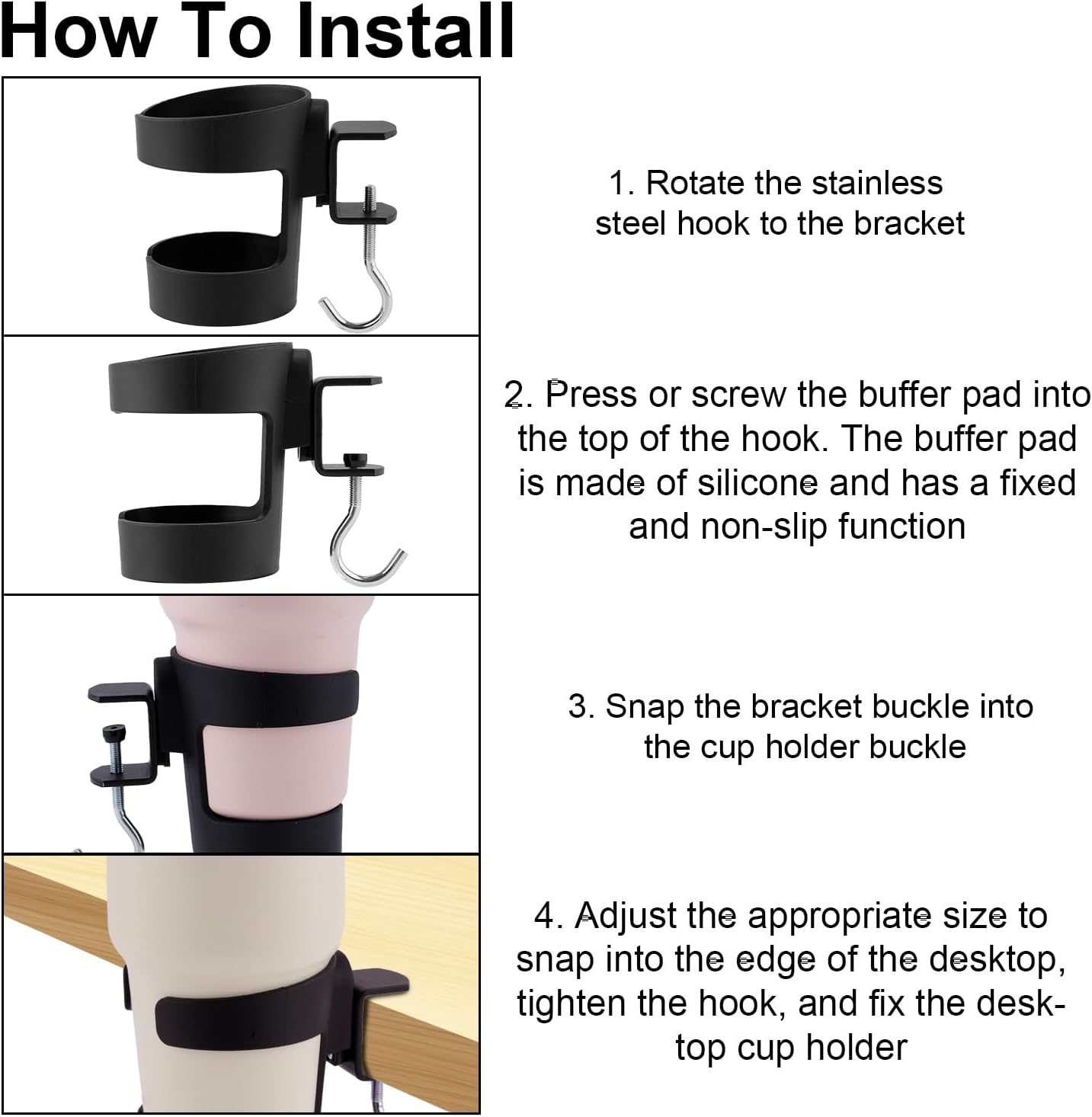 2-in-1 Desk Cup Holder, Adjustable Anti-Spill Tumbler Organizer Clamp with Hook for Owala & Stanley Water Bottles Cup Organizer for Office Gaming Desk and Table Accessories Workstation (Black)