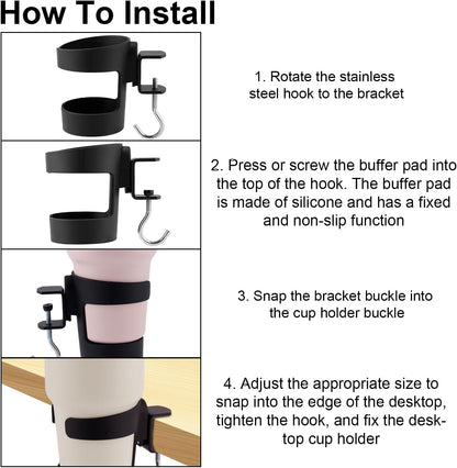 2-in-1 Desk Cup Holder, Adjustable Anti-Spill Tumbler Organizer Clamp with Hook for Owala & Stanley Water Bottles Cup Organizer for Office Gaming Desk and Table Accessories Workstation (Black)