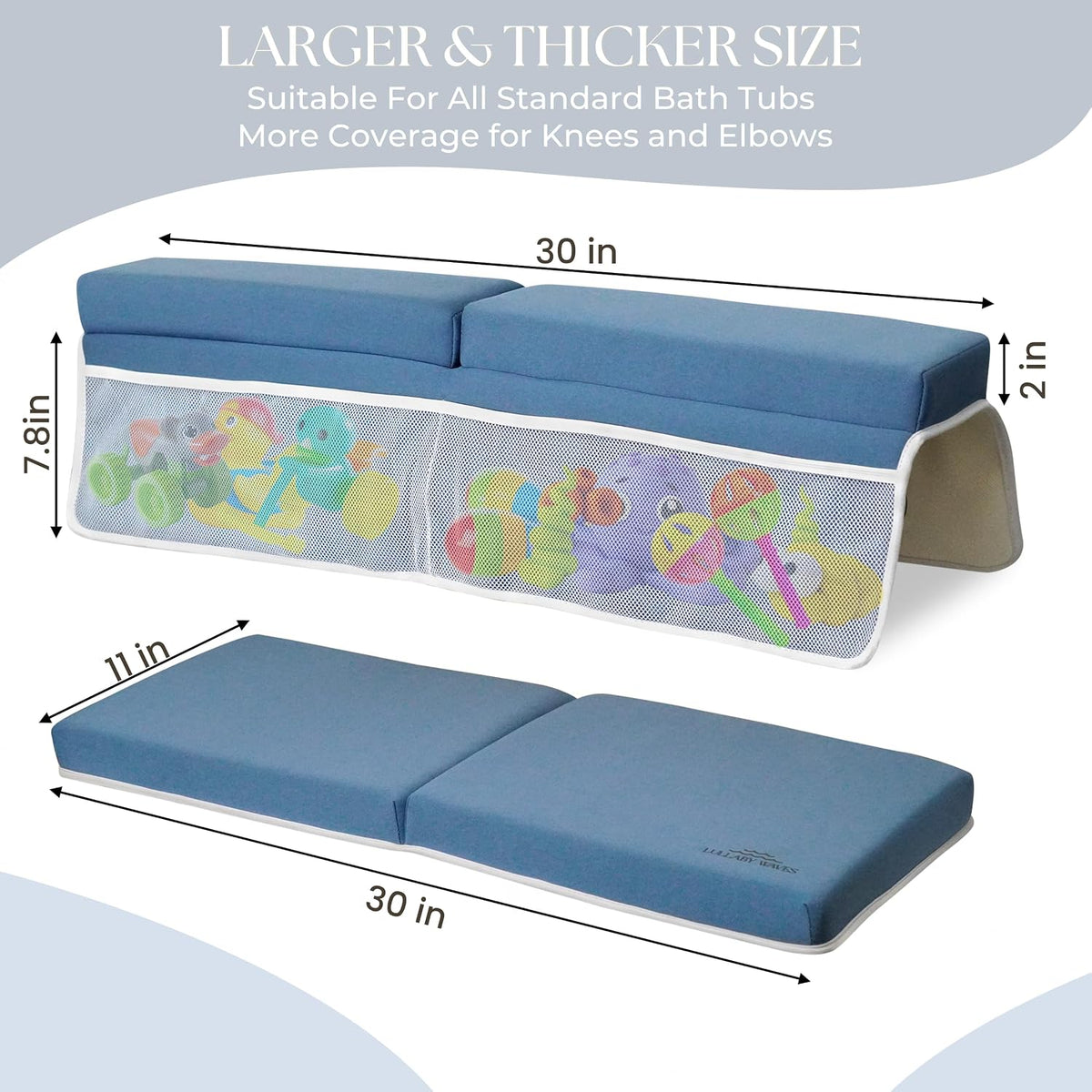 Baby Bath Kneeler and Elbow Rest Pad Set -2 Inch Thick Comfortable Non-Slip 30" Extra Long Bath Kneeling Pad with Toy Organizer Pockets - Soft Machine Washable XL Memory Foam Bathing Support Cushion