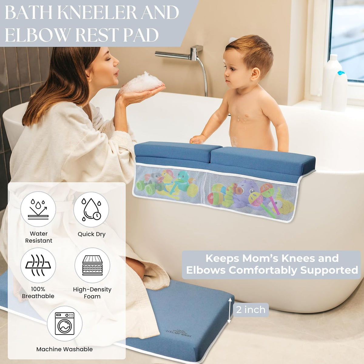 Baby Bath Kneeler and Elbow Rest Pad Set -2 Inch Thick Comfortable Non-Slip 30" Extra Long Bath Kneeling Pad with Toy Organizer Pockets - Soft Machine Washable XL Memory Foam Bathing Support Cushion