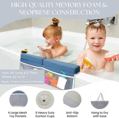 Baby Bath Kneeler and Elbow Rest Pad Set -2 Inch Thick Comfortable Non-Slip 30" Extra Long Bath Kneeling Pad with Toy Organizer Pockets - Soft Machine Washable XL Memory Foam Bathing Support Cushion