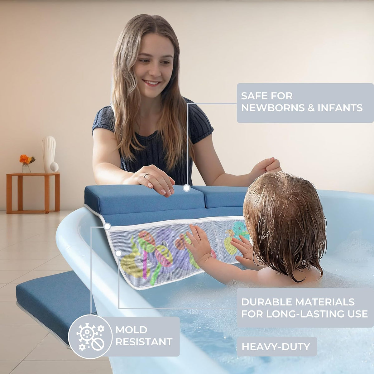 Baby Bath Kneeler and Elbow Rest Pad Set -2 Inch Thick Comfortable Non-Slip 30" Extra Long Bath Kneeling Pad with Toy Organizer Pockets - Soft Machine Washable XL Memory Foam Bathing Support Cushion