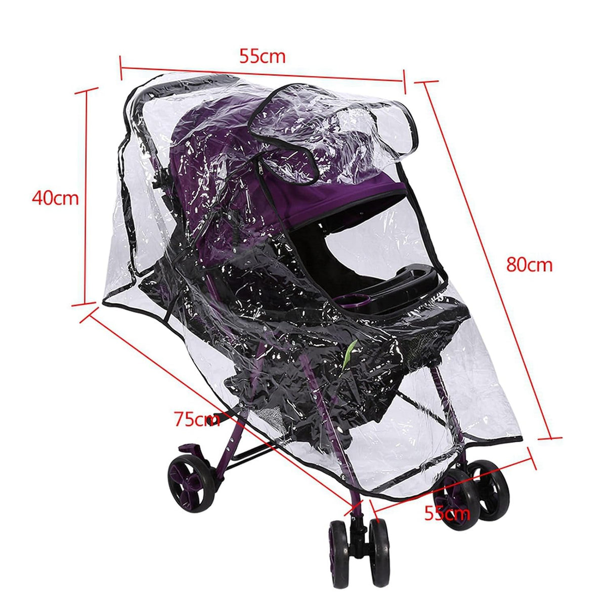 Foldable Stroller Rain Cover - Universal Fit for Small & Medium Umbrella Strollers, Durable Black Binding & Zipper Window (55x75x40cm)