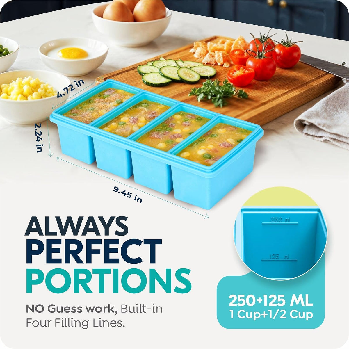 Silicone Freezer Trays with Lids, 1-Cup Soup Container Style Ice Cube Trays for Freezer - Leakproof, Dishwasher,Oven Safe, Stackable, Ideal for Frozen Broth, Leftovers & Meal Prep, BPA Free 2 Pack