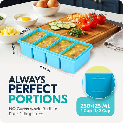 Silicone Freezer Trays with Lids, 1-Cup Soup Container Style Ice Cube Trays for Freezer - Leakproof, Dishwasher,Oven Safe, Stackable, Ideal for Frozen Broth, Leftovers & Meal Prep, BPA Free 2 Pack