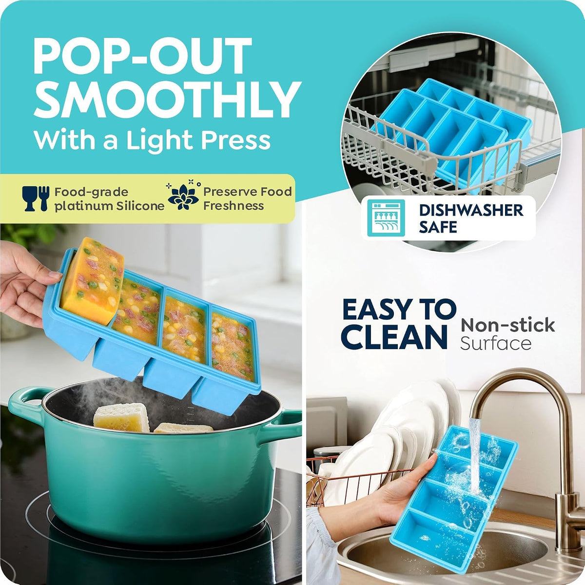Silicone Freezer Trays with Lids, 1-Cup Soup Container Style Ice Cube Trays for Freezer - Leakproof, Dishwasher,Oven Safe, Stackable, Ideal for Frozen Broth, Leftovers & Meal Prep, BPA Free 2 Pack