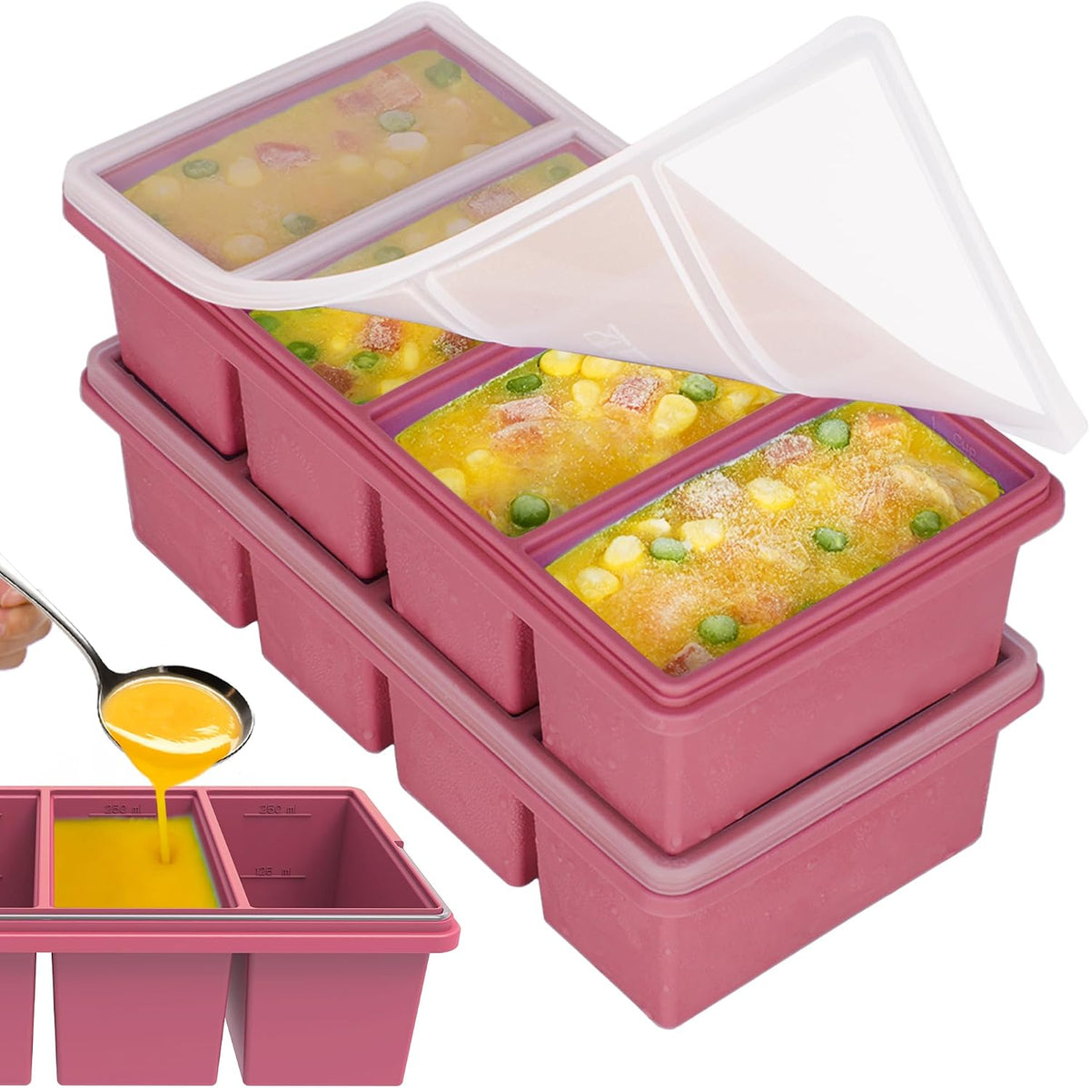 Silicone Freezer Trays with Lids, 1-Cup Soup Container Style Ice Cube Trays for Freezer - Leakproof, Dishwasher,Oven Safe, Stackable, Ideal for Frozen Broth, Leftovers & Meal Prep, BPA Free 2 Pack
