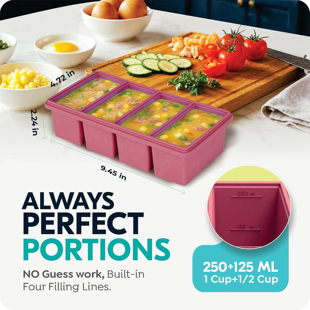 Silicone Freezer Trays with Lids, 1-Cup Soup Container Style Ice Cube Trays for Freezer - Leakproof, Dishwasher,Oven Safe, Stackable, Ideal for Frozen Broth, Leftovers & Meal Prep, BPA Free 2 Pack