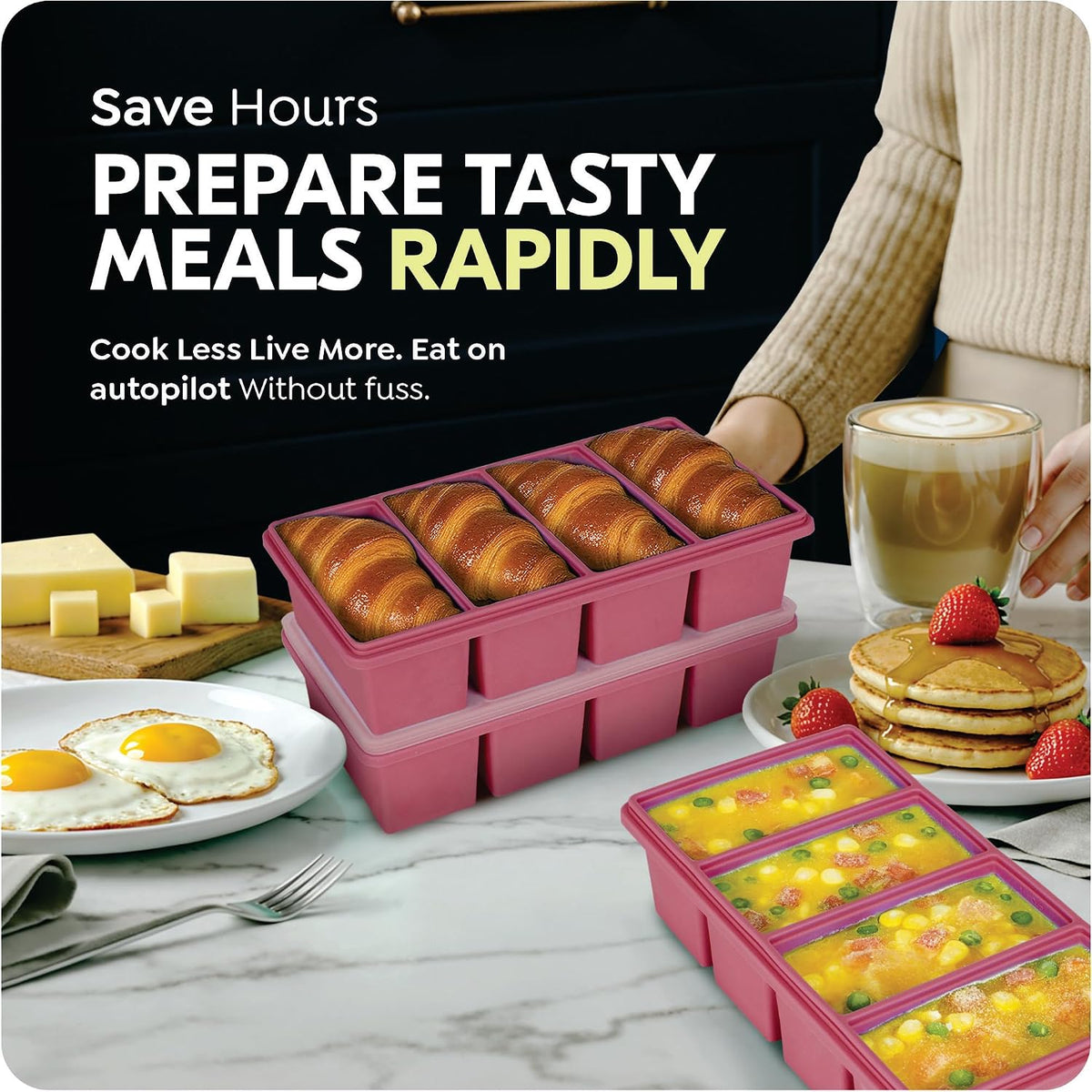 Silicone Freezer Trays with Lids, 1-Cup Soup Container Style Ice Cube Trays for Freezer - Leakproof, Dishwasher,Oven Safe, Stackable, Ideal for Frozen Broth, Leftovers & Meal Prep, BPA Free 2 Pack