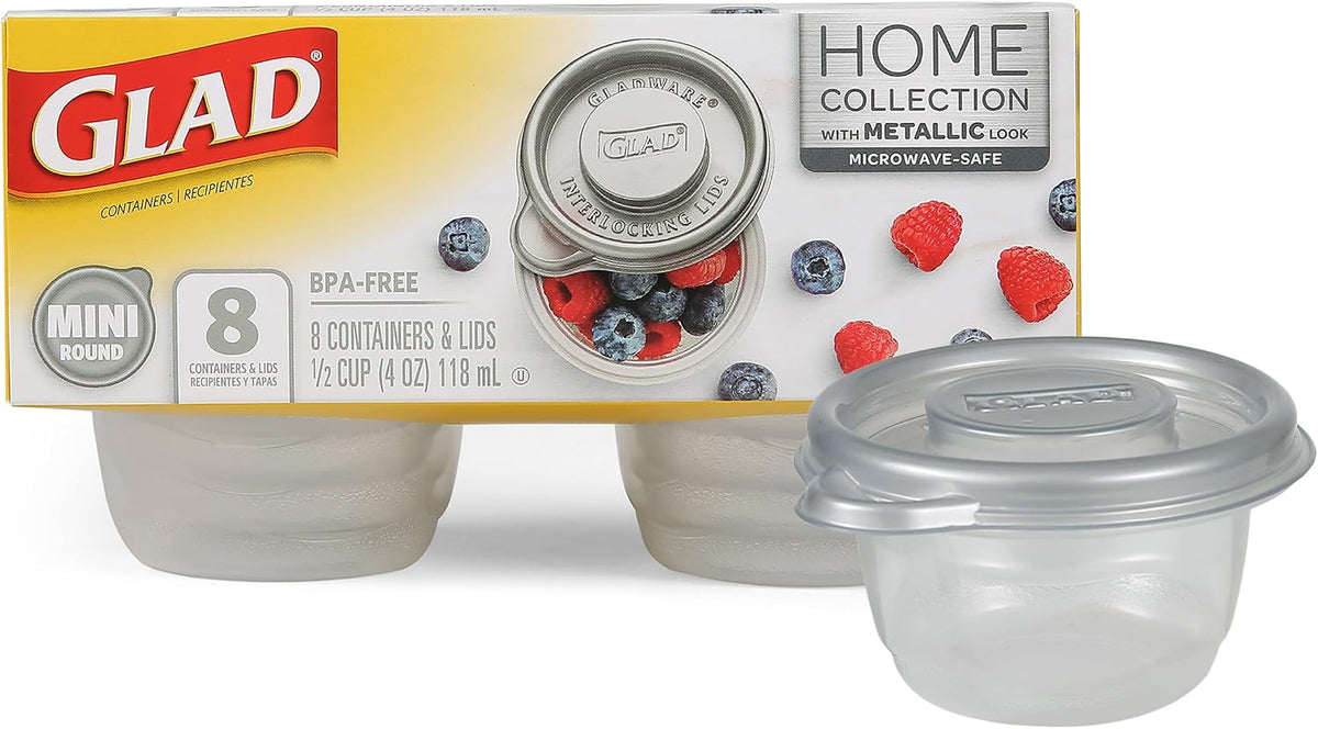 Glad GladWare Home Mini Round Food Storage Containers - Small Meal Container Holds up to 4 Ounces of Food - Lock Tight Seal, 8 Count