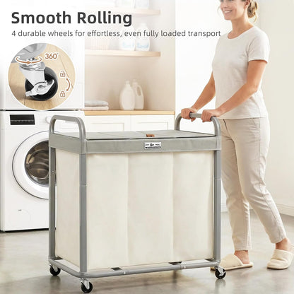 Laundry Hamper 3 Section with Lid Rolling Laundry Basket