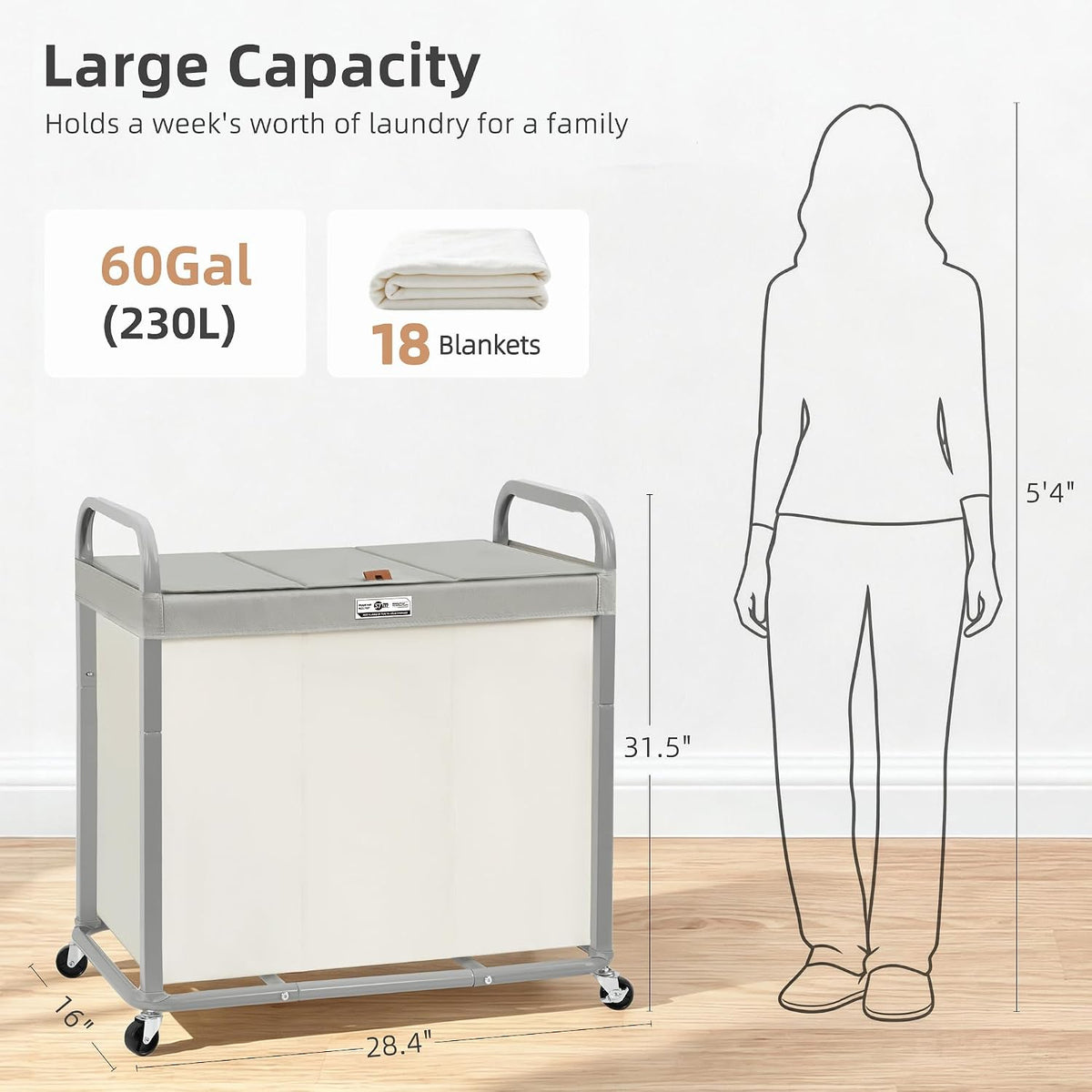 Laundry Hamper 3 Section with Lid Rolling Laundry Basket