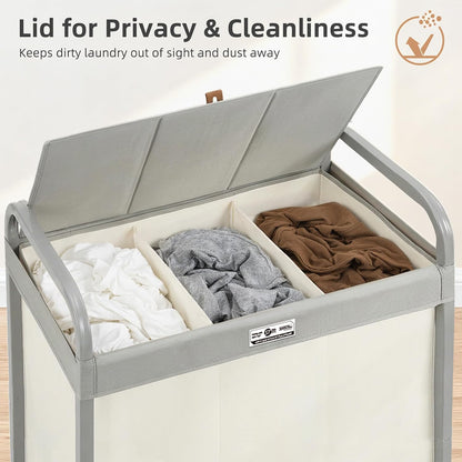 Laundry Hamper 3 Section with Lid Rolling Laundry Basket