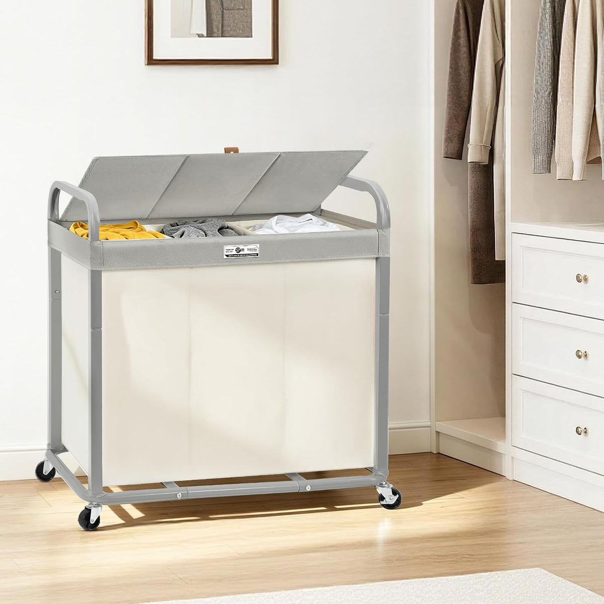 Laundry Hamper 3 Section with Lid Rolling Laundry Basket