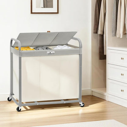 Laundry Hamper 3 Section with Lid Rolling Laundry Basket