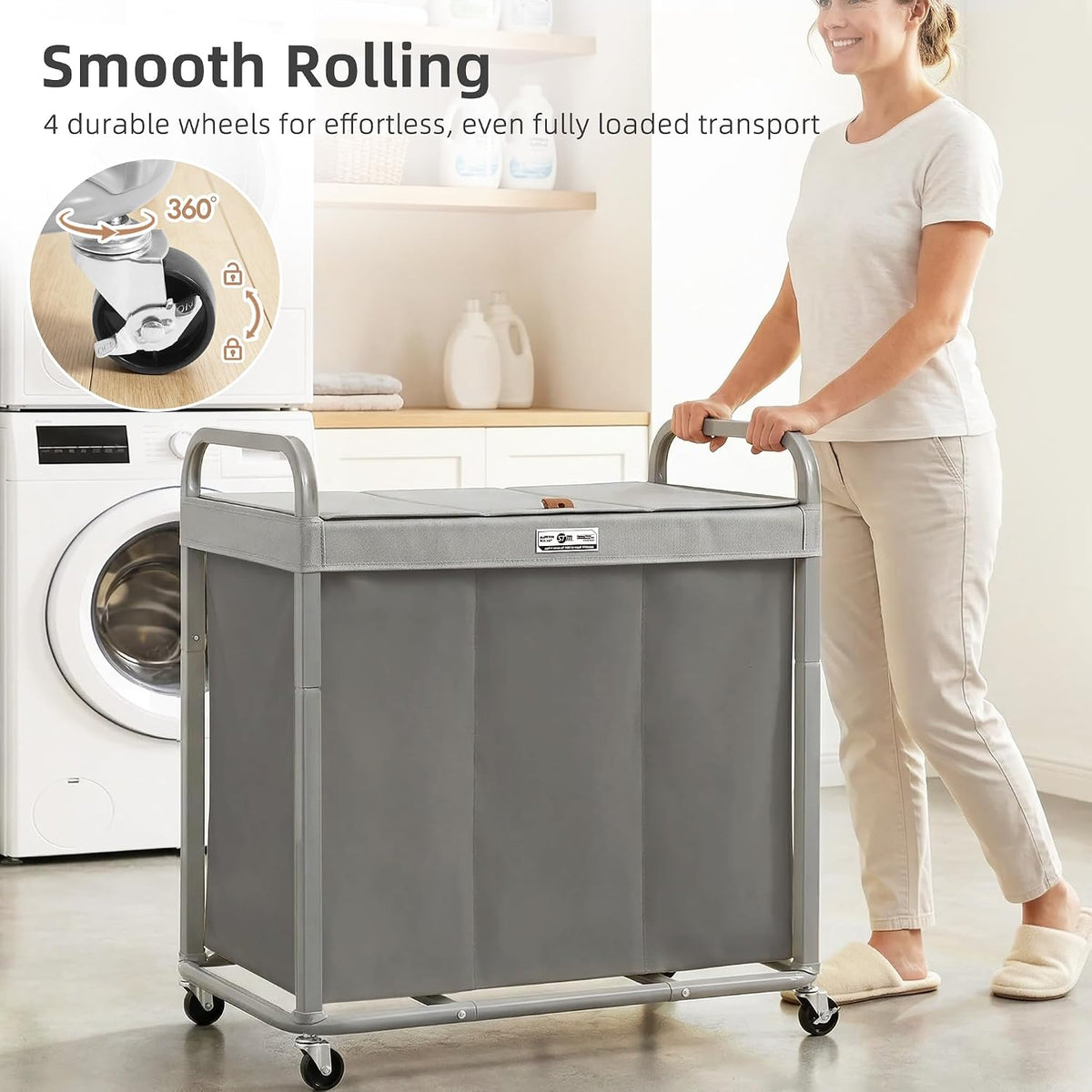 Laundry Hamper 3 Section with Lid Rolling Laundry Basket