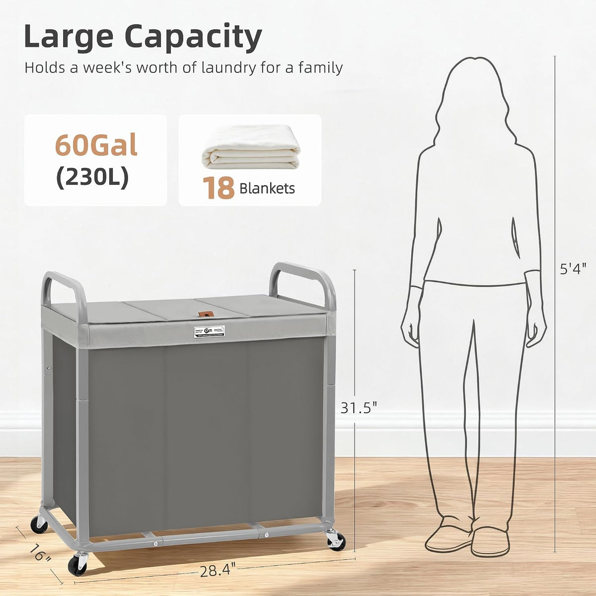 Laundry Hamper 3 Section with Lid Rolling Laundry Basket